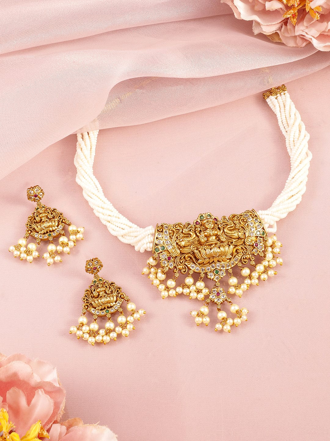 Rubans 22K Gold-Plated Divine Lakshmi Motif Necklace Set with White Beads & Pearl Drops Necklace Set