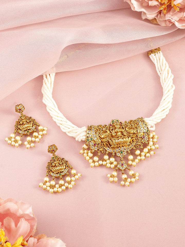 Rubans 22K Gold-Plated Divine Lakshmi Motif Necklace Set with White Beads & Pearl Drops Necklace Set