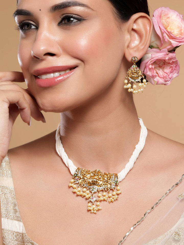 Rubans 22K Gold-Plated Divine Lakshmi Motif Necklace Set with White Beads & Pearl Drops Necklace Set