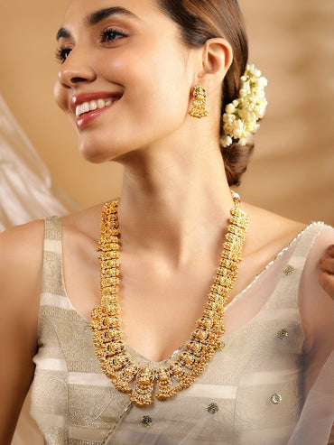 Rubans 22K Gold-Plated Divine Lakshmi Motif Temple Jewellery Set with Gold Bead Accents Necklaces, Necklace Sets, Chains & Mangalsutra