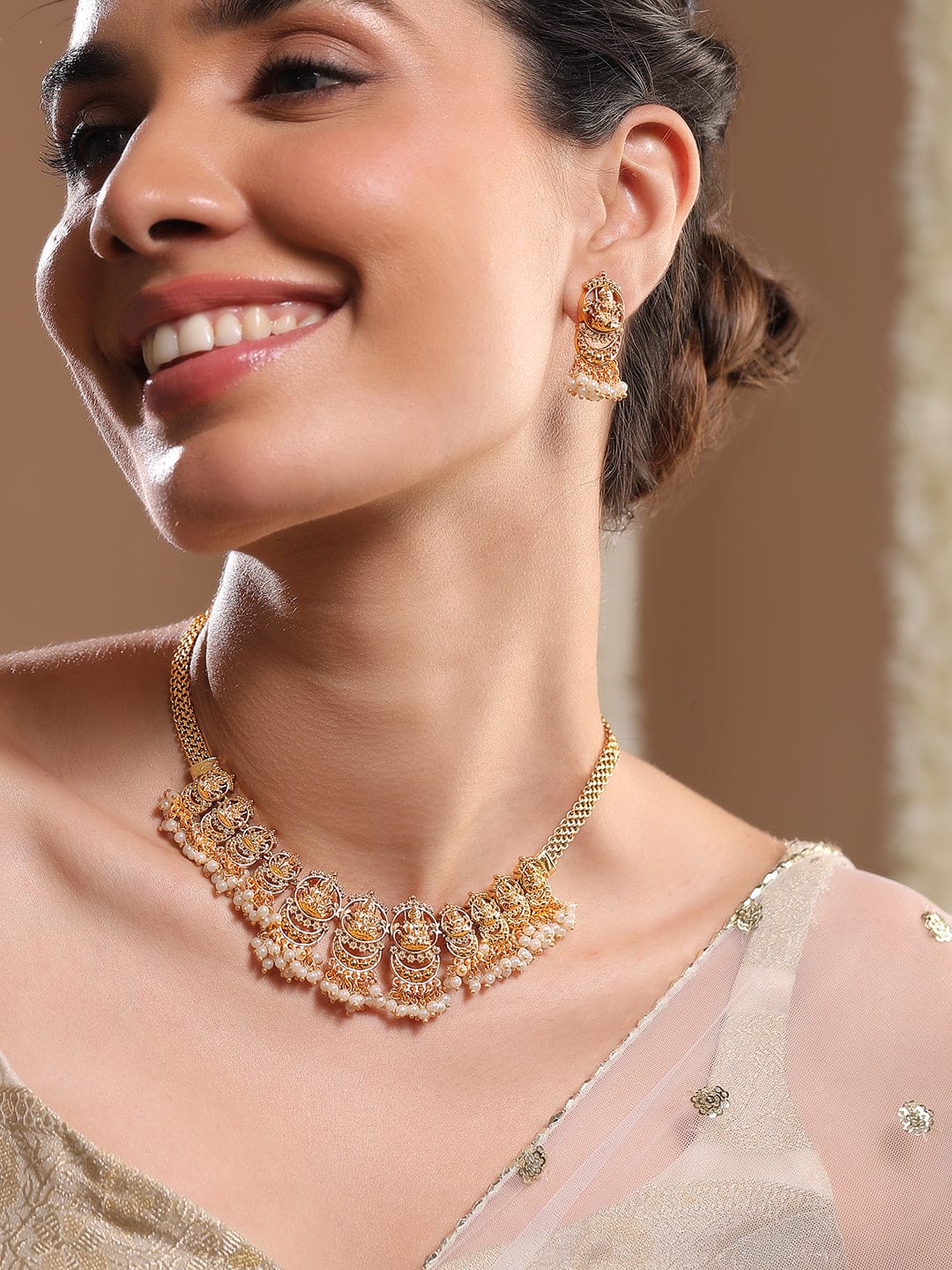 Rubans 22K Gold-Plated Divine Lakshmi Motif Temple Jewellery Set with Pearl Details Jewellery Set