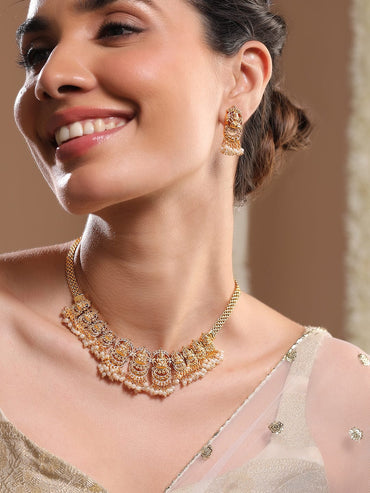 Rubans 22K Gold-Plated Divine Lakshmi Motif Temple Jewellery Set with Pearl Details Jewellery Set