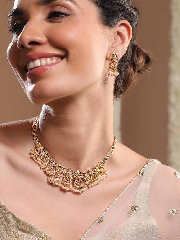 Rubans 22K Gold-Plated Divine Lakshmi Motif Temple Jewellery Set with Pearl Details Jewellery Set