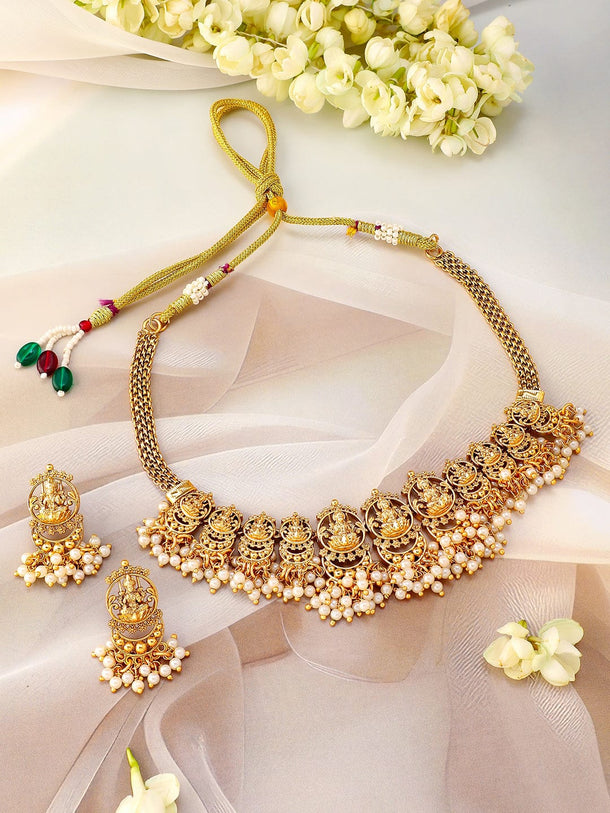 Rubans 22K Gold-Plated Divine Lakshmi Motif Temple Jewellery Set with Pearl Details Jewellery Set