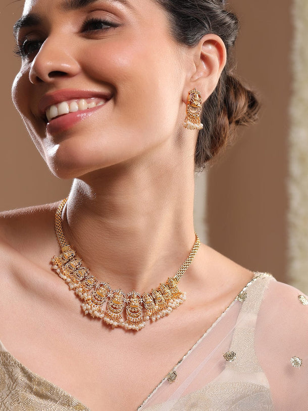 Rubans 22K Gold-Plated Divine Lakshmi Motif Temple Jewellery Set with Pearl Details Necklace Set
