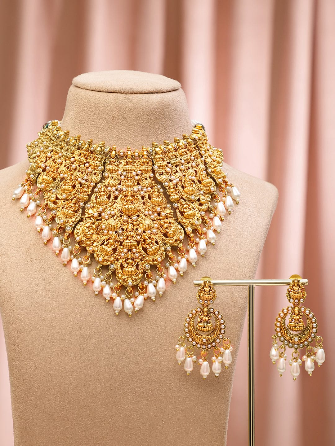 Rubans 22K Gold-Plated Divine Lakshmi Temple Choker Necklace Set with White Pearl Drops Jewellery Set