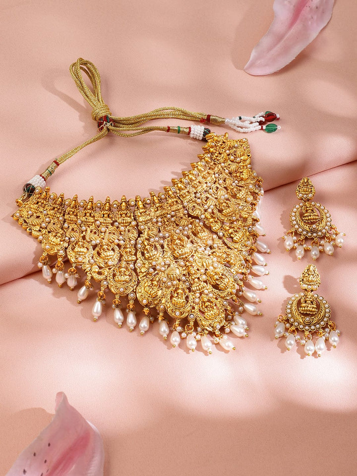 Rubans 22K Gold-Plated Divine Lakshmi Temple Choker Necklace Set with White Pearl Drops Jewellery Set