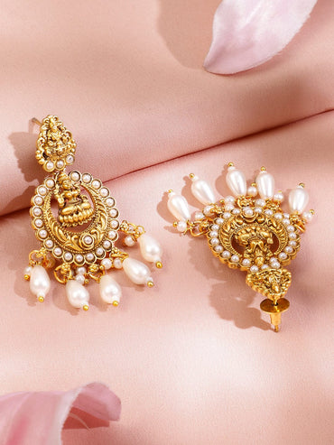 Rubans 22K Gold-Plated Divine Lakshmi Temple Choker Necklace Set with White Pearl Drops Jewellery Set