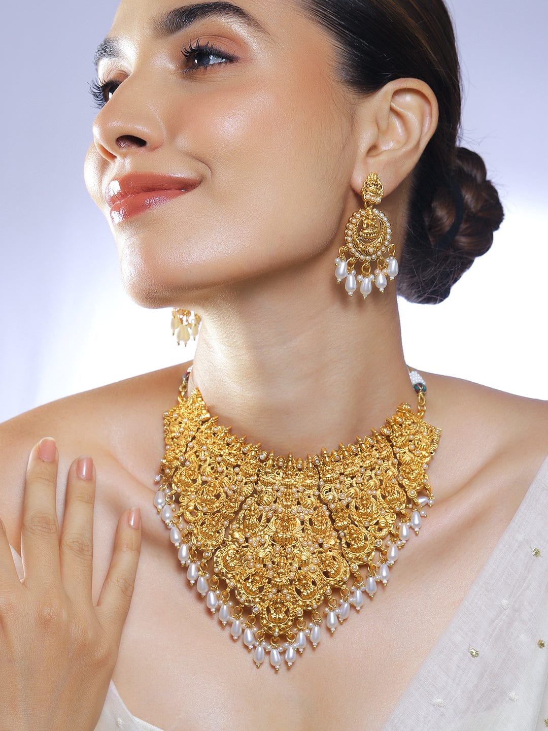 Rubans 22K Gold-Plated Divine Lakshmi Temple Choker Necklace Set with White Pearl Drops Jewellery Set