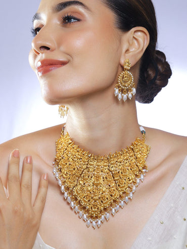 Rubans 22K Gold-Plated Divine Lakshmi Temple Choker Necklace Set with White Pearl Drops Jewellery Set