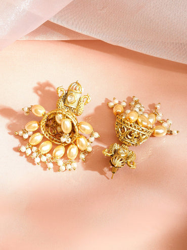 Rubans 22K Gold-Plated Dome-Shaped Jhumka Earrings with White Pearl Beads and Statement Design Jhumka Earrings
