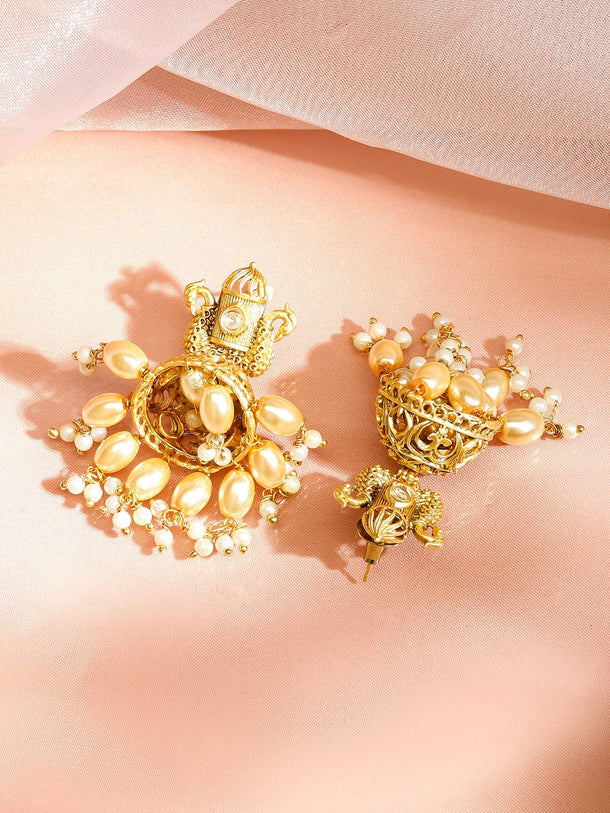 Rubans 22K Gold-Plated Dome-Shaped Jhumka Earrings with White Pearl Beads and Statement Design Jhumka Earrings