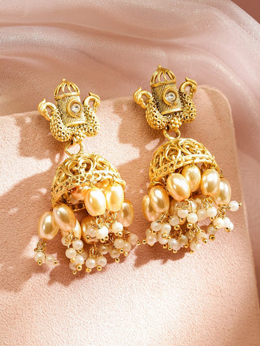 Rubans 22K Gold-Plated Dome-Shaped Jhumka Earrings with White Pearl Beads and Statement Design Jhumka Earrings