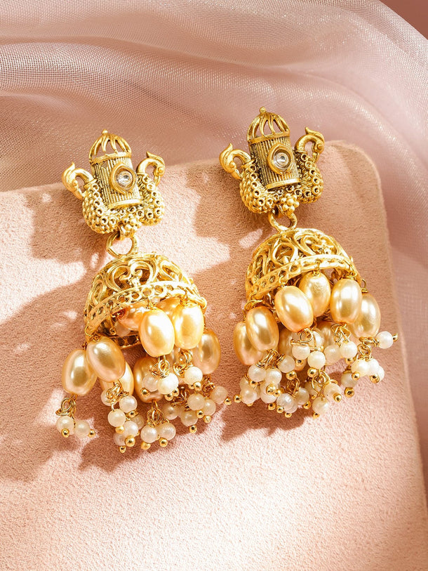 Rubans 22K Gold-Plated Dome-Shaped Jhumka Earrings with White Pearl Beads and Statement Design Jhumka Earrings