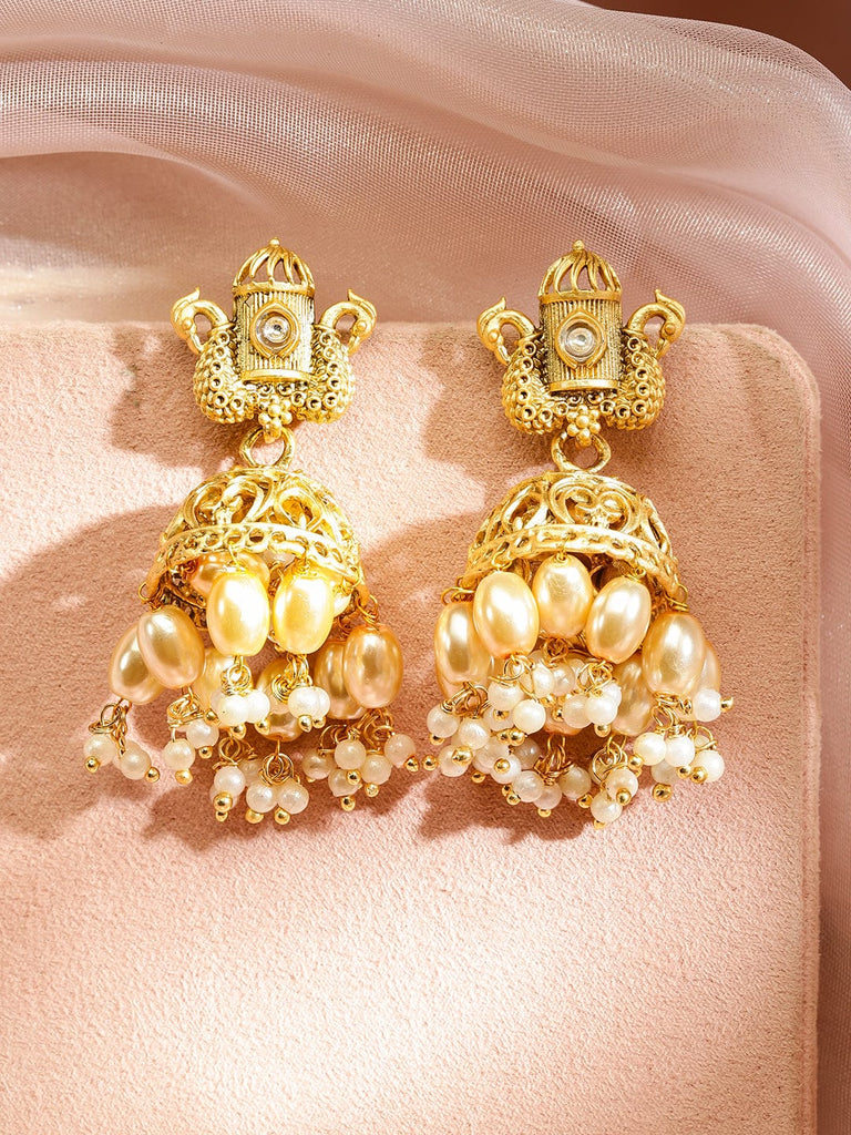 Rubans 22K Gold-Plated Dome-Shaped Jhumka Earrings with White Pearl Be
