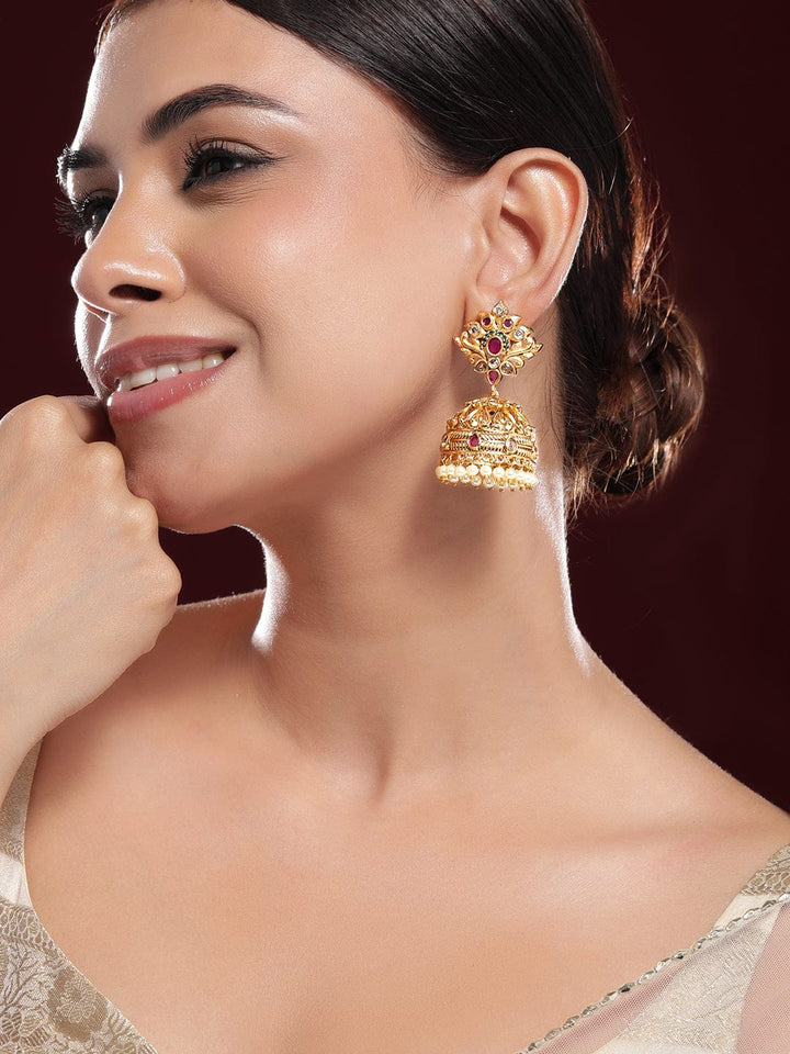 Rubans 22K Gold-Plated Dome Shaped Pearls & Ruby, Emerald & Cubic Zirconia Studded Traditional Jhumka Earrings