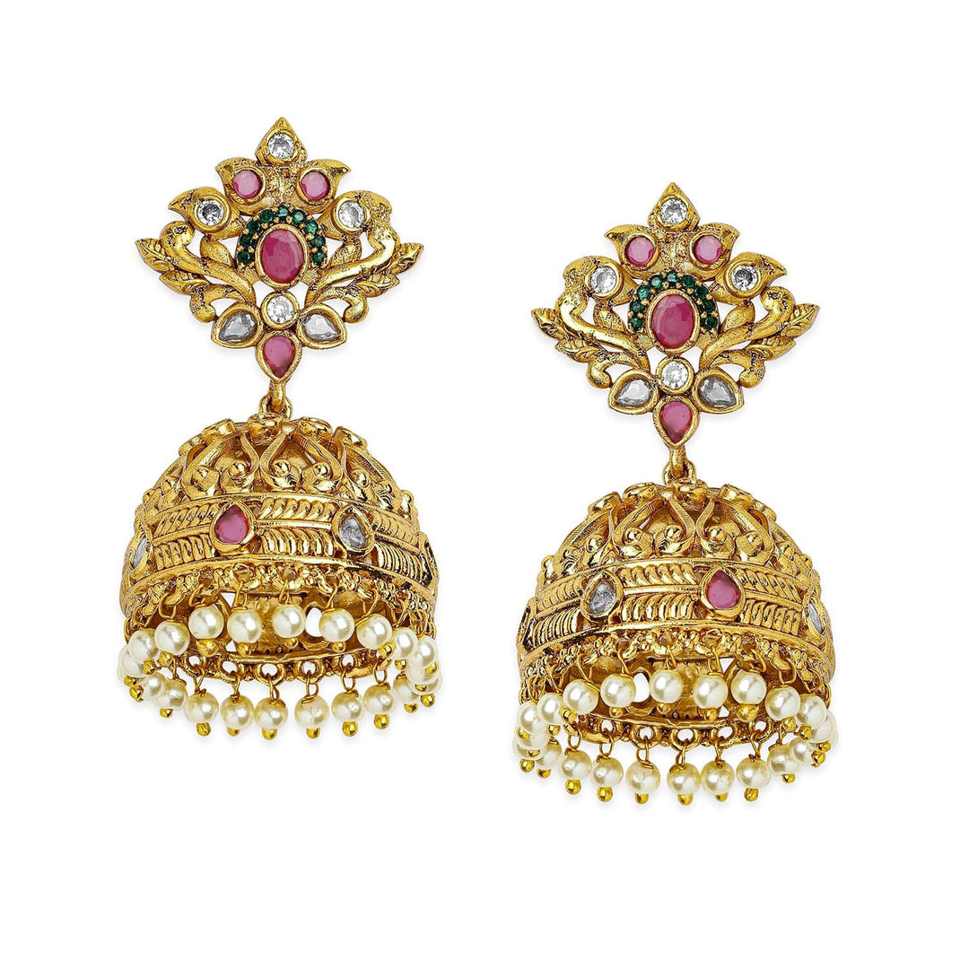 Rubans 22K Gold-Plated Dome Shaped Pearls & Ruby, Emerald & Cubic Zirconia Studded Traditional Jhumka Earrings