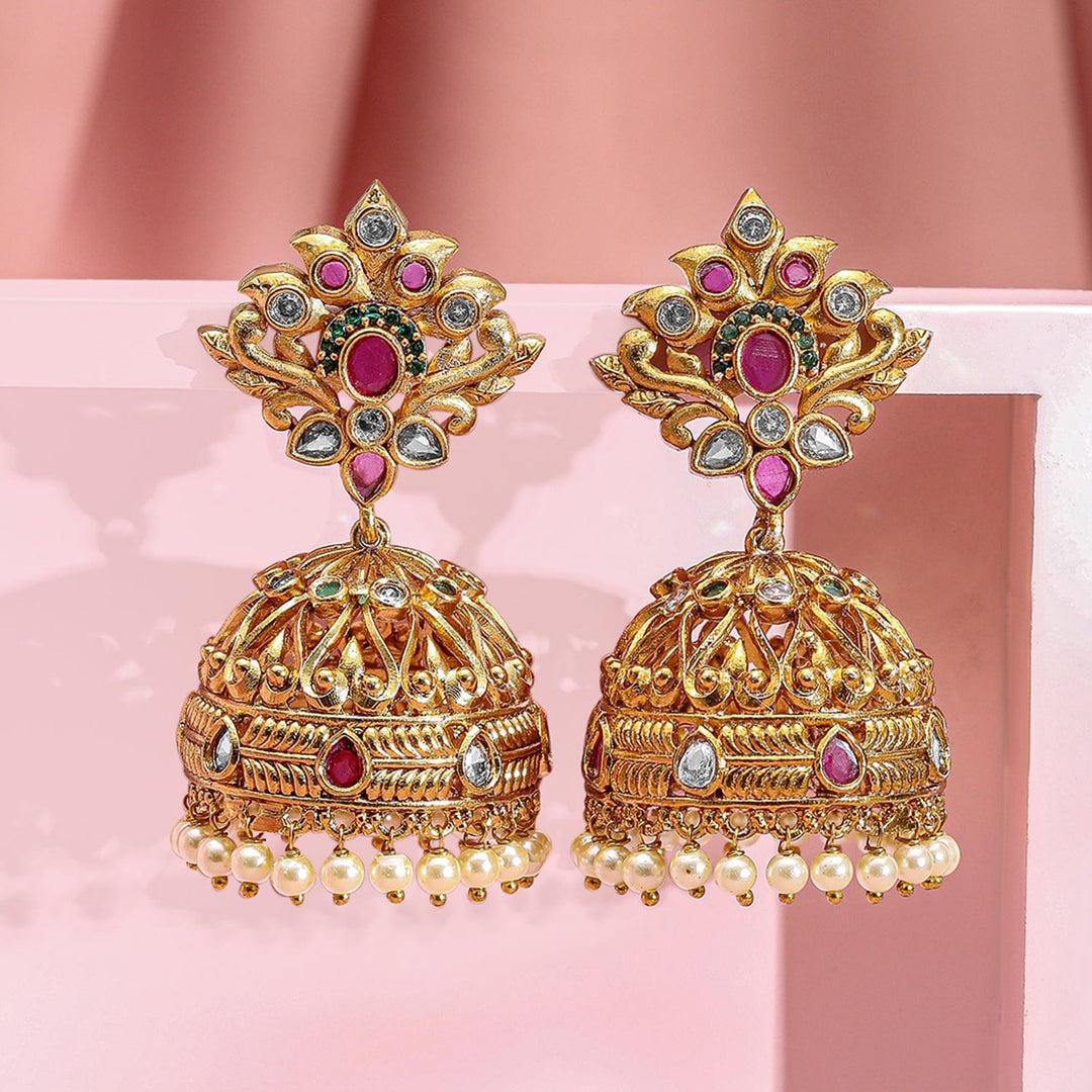 Rubans 22K Gold-Plated Dome Shaped Pearls & Ruby, Emerald & Cubic Zirconia Studded Traditional Jhumka Earrings