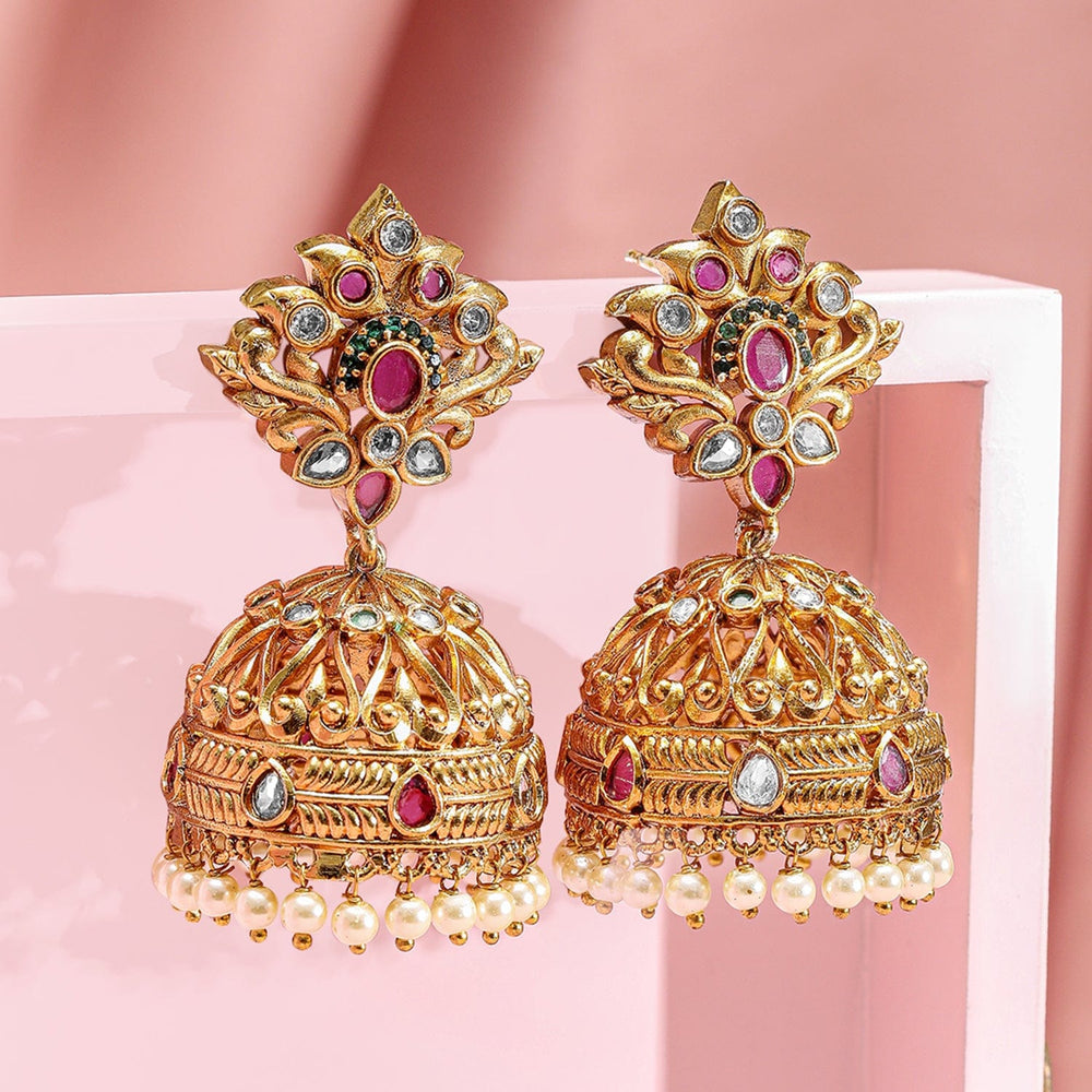 Rubans 22K Gold-Plated Dome Shaped Pearls & Ruby, Emerald & Cubic Zirconia Studded Traditional Jhumka Earrings