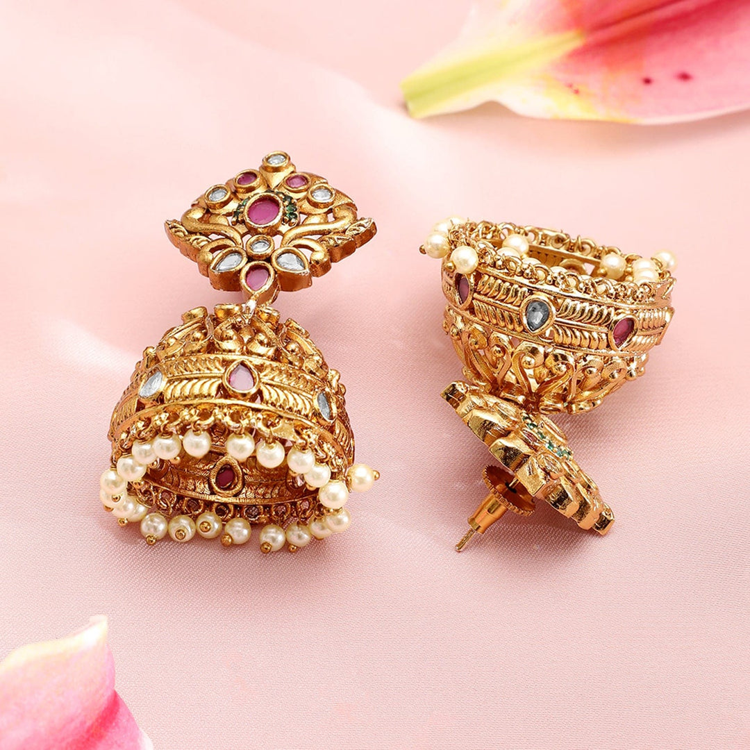 Rubans 22K Gold-Plated Dome Shaped Pearls & Ruby, Emerald & Cubic Zirconia Studded Traditional Jhumka Earrings