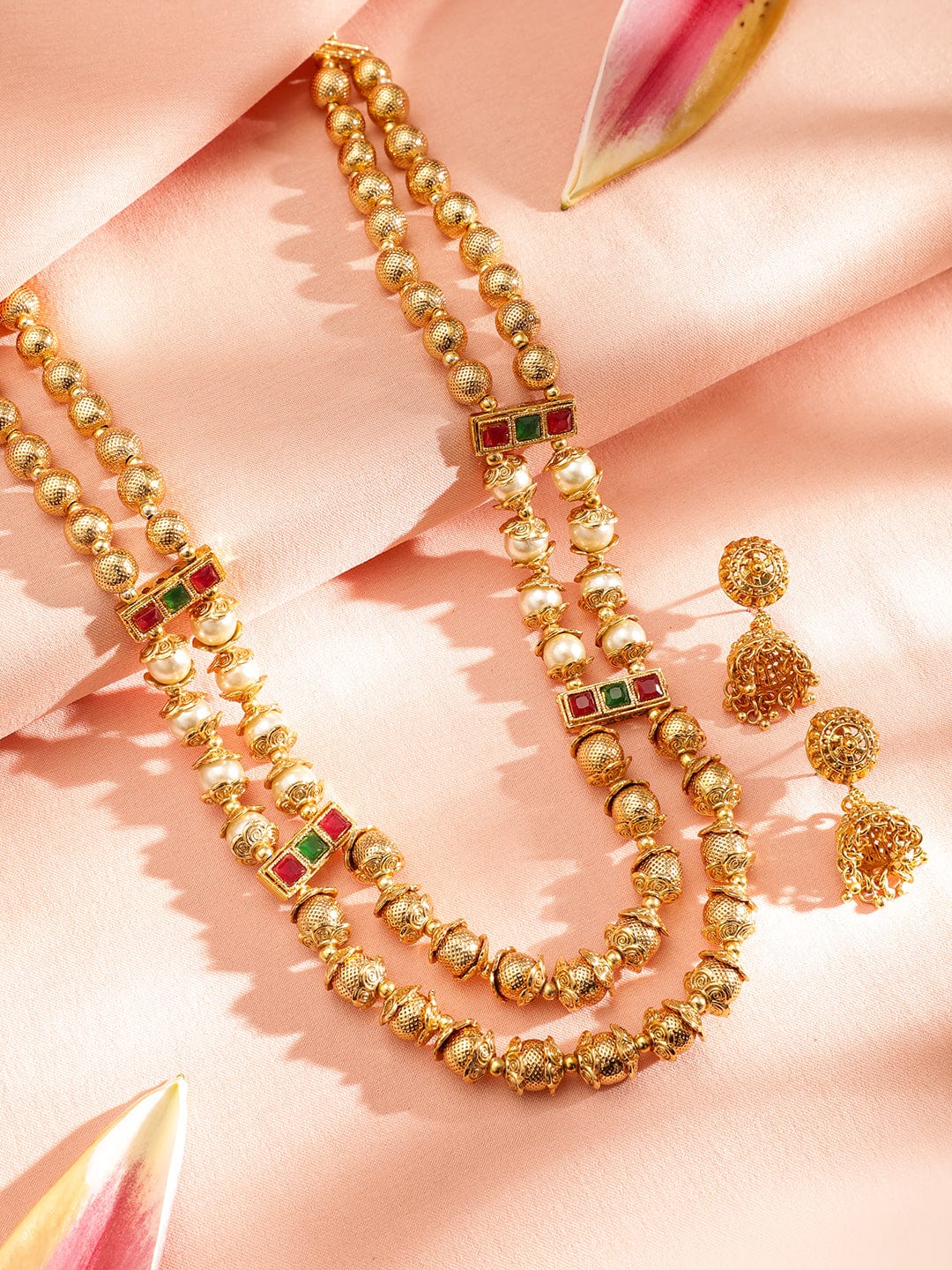 Rubans 22K Gold-Plated Double Layer Temple Necklace Set with Ruby, Gre