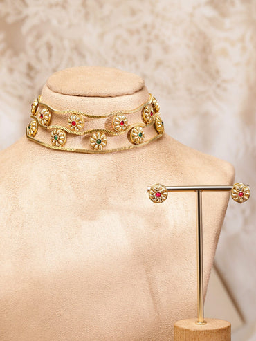 Rubans 22K Gold-Plated Double Row Ruby & Emerald Floral Motif Choker Necklace Set Choker set