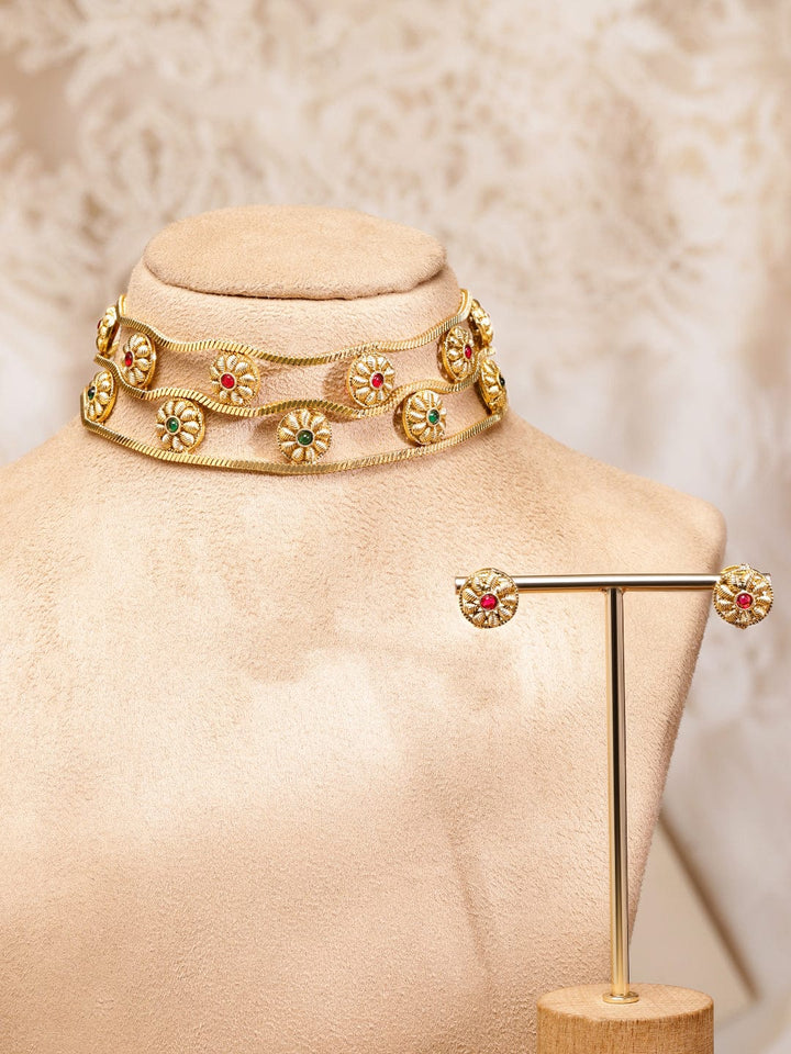 Rubans 22K Gold-Plated Double Row Ruby & Emerald Floral Motif Choker Necklace Set Choker set