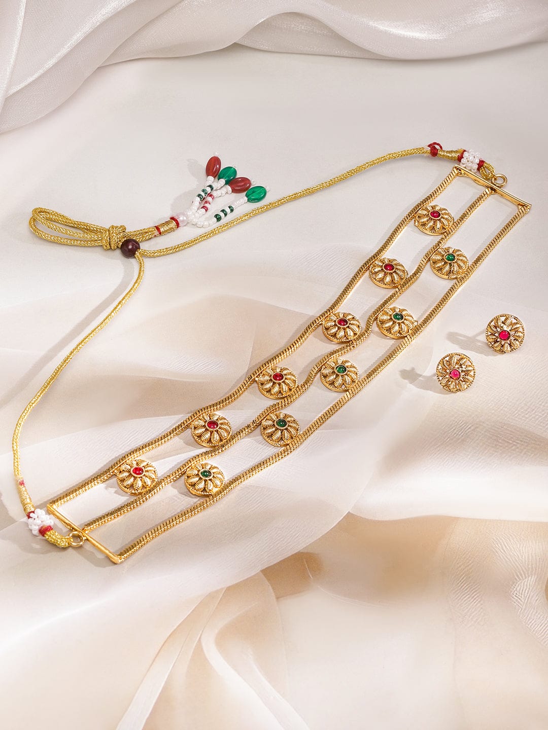 Rubans 22K Gold-Plated Double Row Ruby & Emerald Floral Motif Choker Necklace Set Jewellery Set