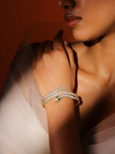 Rubans 22K Gold-Plated Double Snake-Design Emerald and Cubic Zirconia Openable Bracelet Bangles & Bracelets