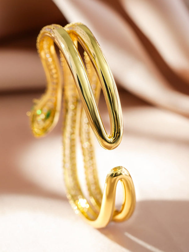 Rubans 22K Gold-Plated Double Snake-Design Emerald and Cubic Zirconia Openable Bracelet Wristwear