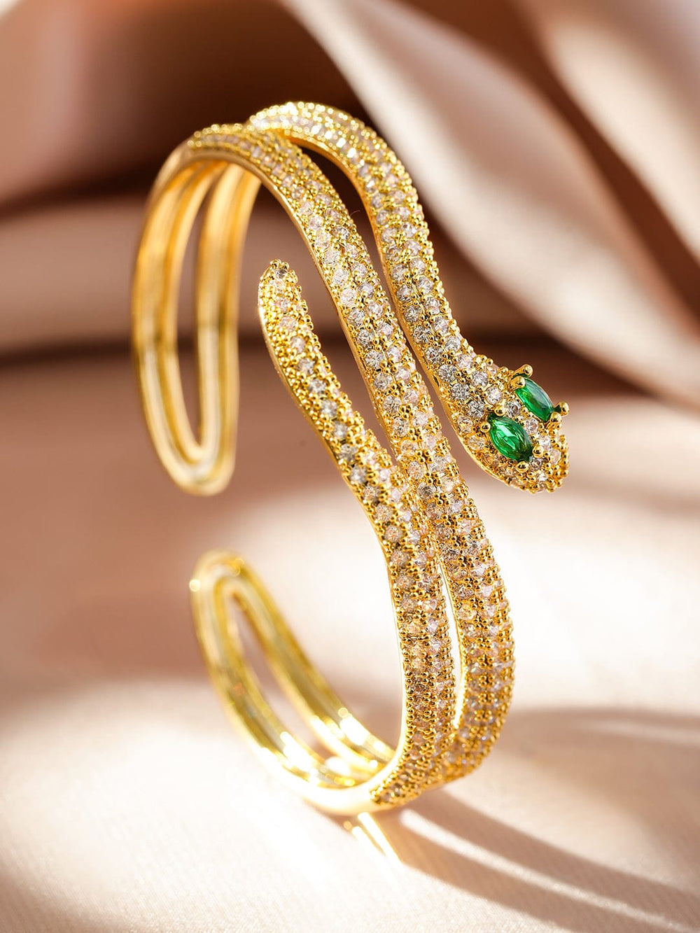 Rubans 22K Gold-Plated Double Snake-Design Emerald and Cubic Zirconia Openable Bracelet Wristwear