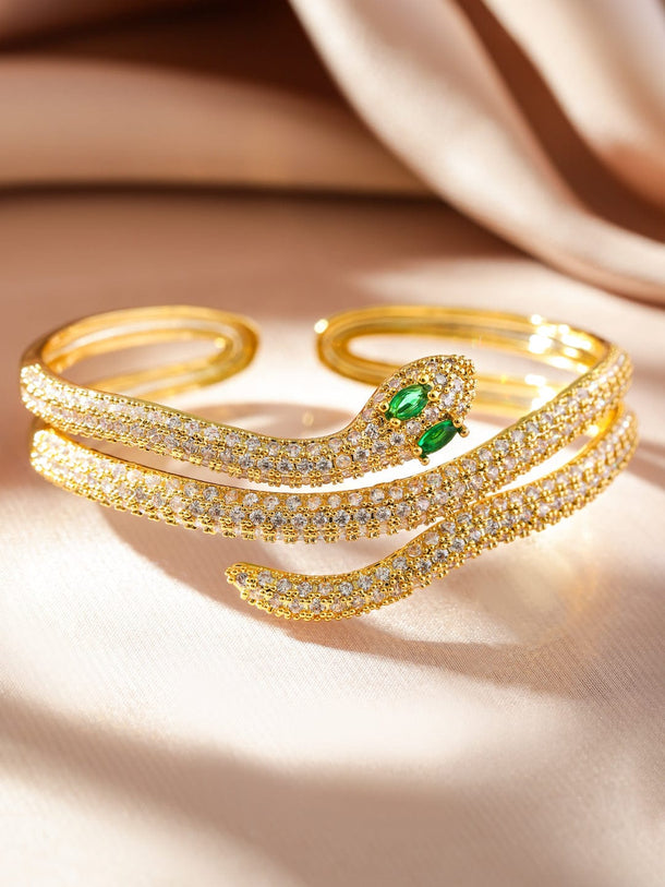 Rubans 22K Gold-Plated Double Snake-Design Emerald and Cubic Zirconia Openable Bracelet Wristwear