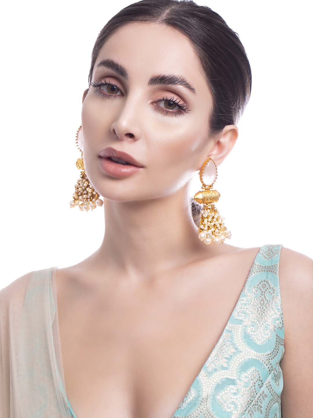 Rubans 22K Gold Plated Drop Earrings With Studded White Stone And Pearls Earrings