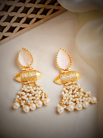 Rubans 22K Gold Plated Drop Earrings With Studded White Stone And Pearls Earrings