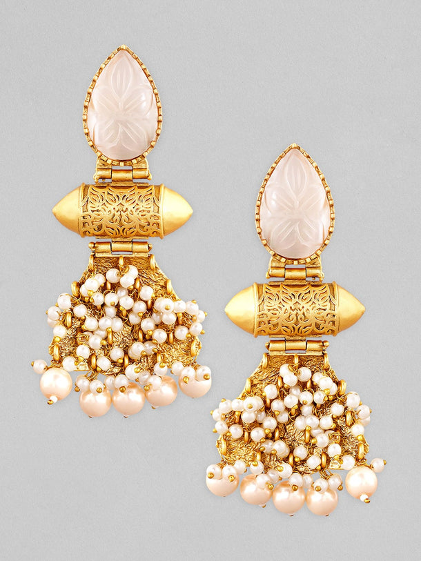 Rubans 22K Gold Plated Drop Earrings With Studded White Stone And Pearls Earrings