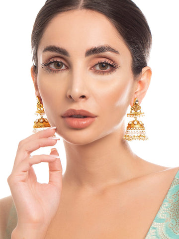 Rubans 22K Gold Plated Drop Jhumki Earrings With Pink Beads Earrings