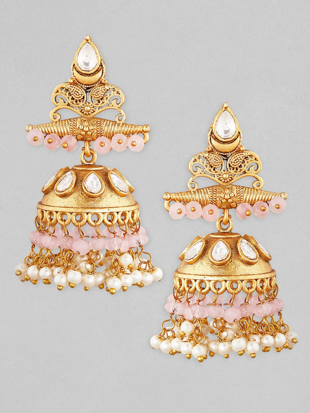 Rubans 22K Gold Plated Drop Jhumki Earrings With Pink Beads Earrings