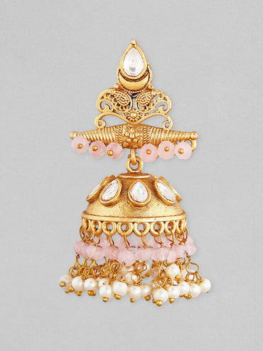 Rubans 22K Gold Plated Drop Jhumki Earrings With Pink Beads Earrings