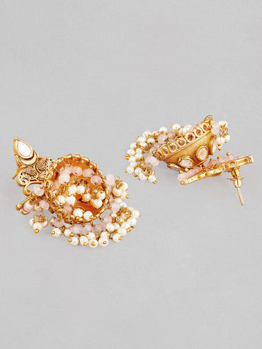 Rubans 22K Gold Plated Drop Jhumki Earrings With Pink Beads Earrings