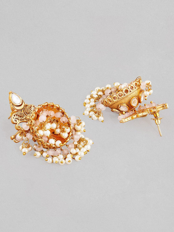 Rubans 22K Gold Plated Drop Jhumki Earrings With Pink Beads Earrings