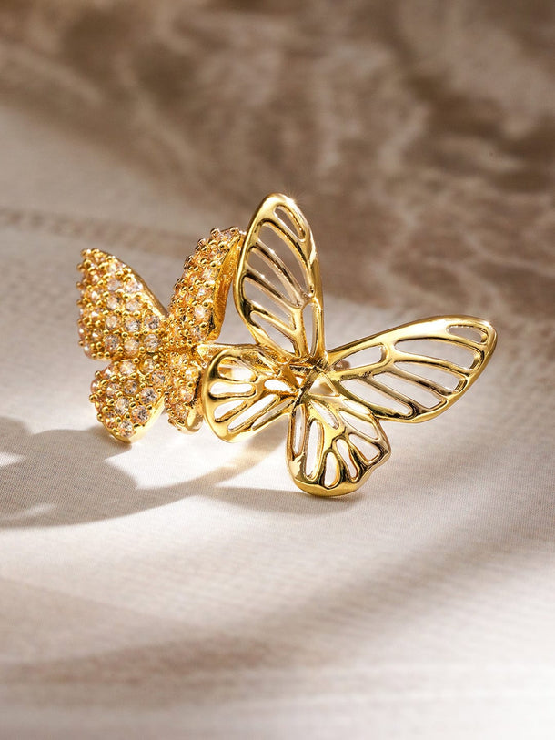 Rubans 22K Gold Plated Dual Butterfly Statement Ear Cuff Openwork & Pave Studded Ear Cuff Earrings