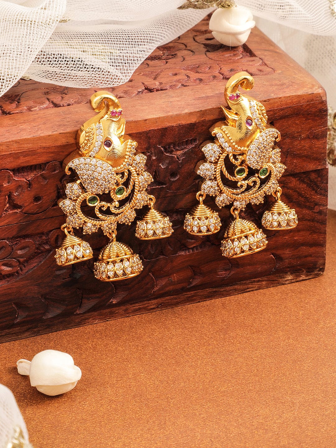 Rubans 22K Gold-Plated Elephant Motif Chandbali Jhumkas with Emerald & Zirconia Studs Earrings