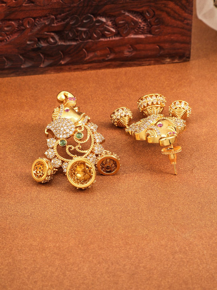 Rubans 22K Gold-Plated Elephant Motif Chandbali Jhumkas with Emerald & Zirconia Studs Earrings