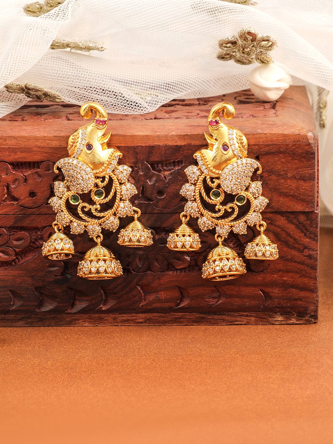 Rubans 22K Gold-Plated Elephant Motif Chandbali Jhumkas with Emerald & Zirconia Studs Earrings