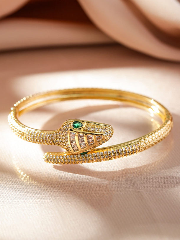 Rubans 22K Gold-Plated Emerald & Cubic Zirconia Snake Design Demi-Fine Openable Bracelet Wristwear