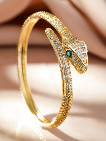 Rubans 22K Gold-Plated Emerald & Cubic Zirconia Snake Design Demi-Fine Openable Bracelet Wristwear