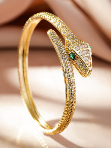 Rubans 22K Gold-Plated Emerald & Cubic Zirconia Snake Design Demi-Fine Openable Bracelet Wristwear