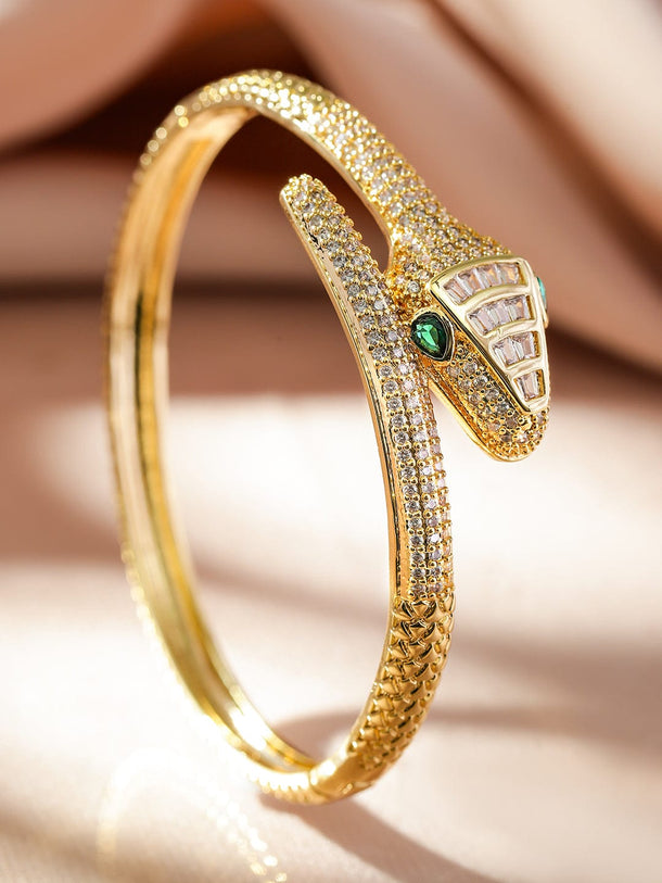 Rubans 22K Gold-Plated Emerald & Cubic Zirconia Snake Design Demi-Fine Openable Bracelet Wristwear