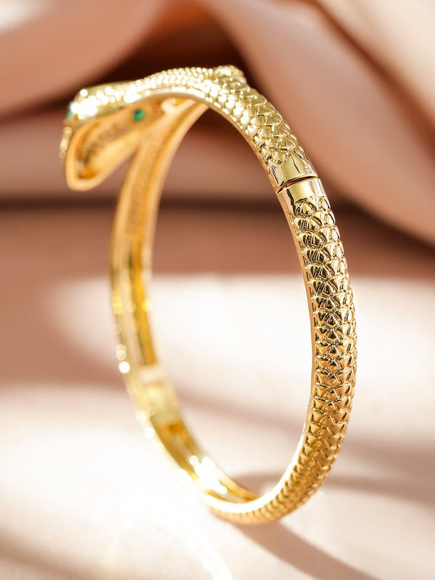 Rubans 22K Gold-Plated Emerald & Cubic Zirconia Snake Design Demi-Fine Openable Bracelet Wristwear