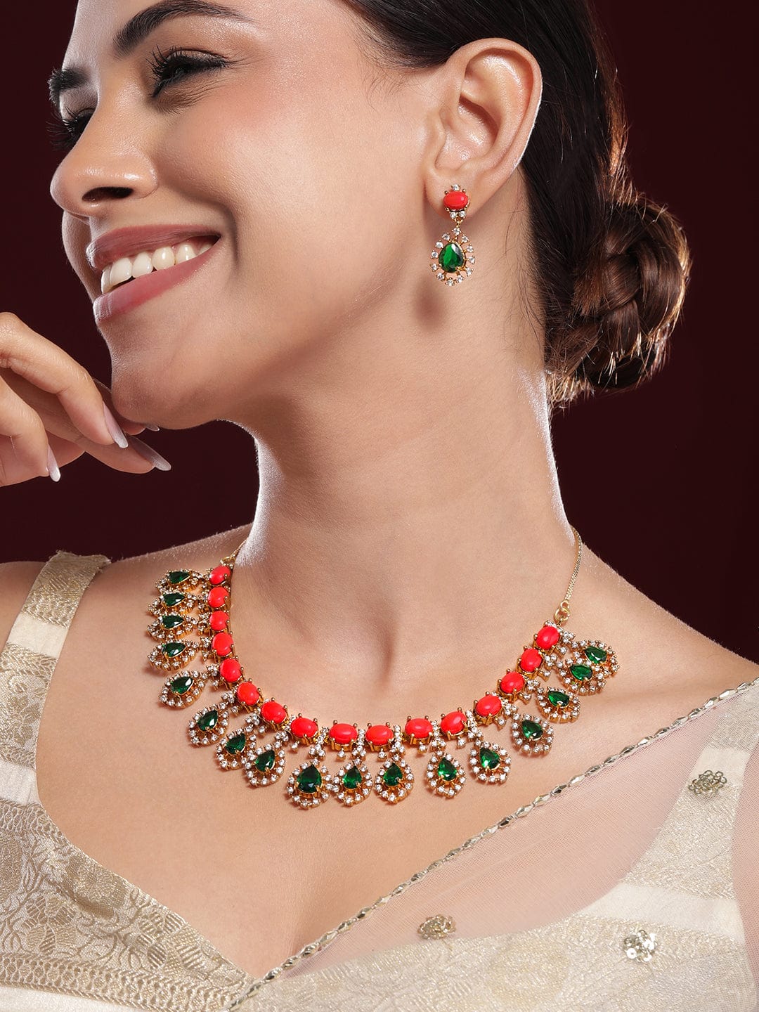 Rubans 22K Gold-Plated Emerald Cubic Zirconia Stone-Studded Necklace and Earrings Necklace Set